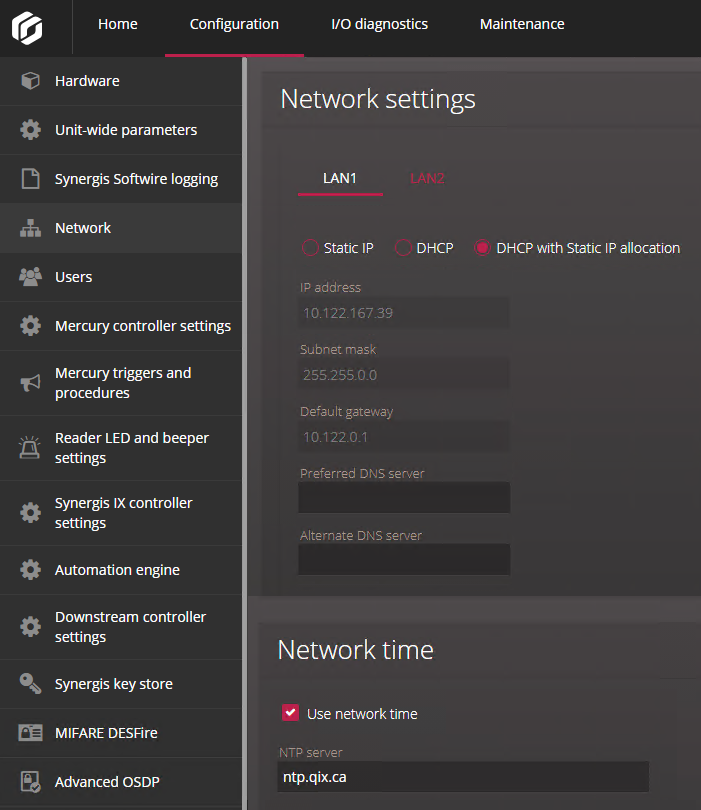 Network and network time settings in the Synergis Appliance Portal.