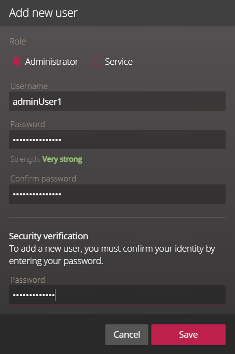 Add new user dialog box on the User configuration page of the Cloud Link Roadrunner™