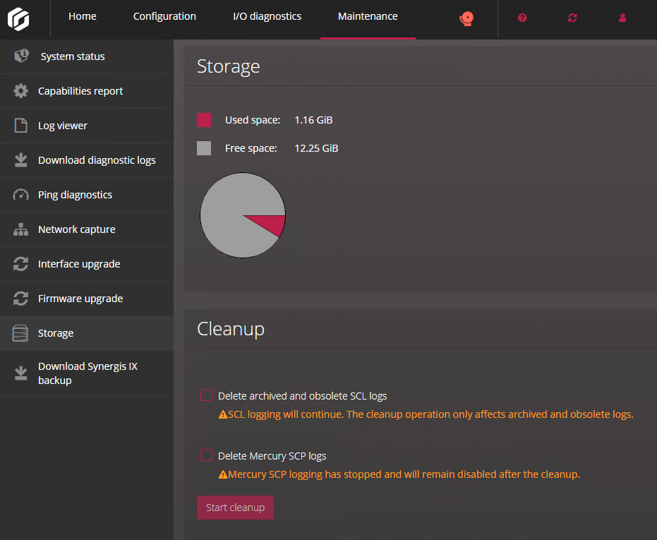 Storage and Cleanup sections on the Storage page of the Synergis Appliance Portal.