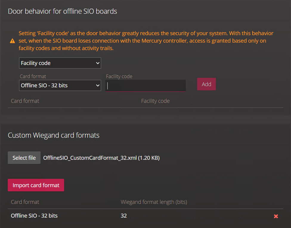 Imported custom Wiegand card format on the Mercury controller settings page of the Synergis Appliance Portal.