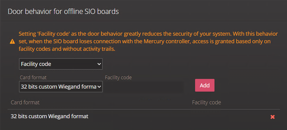 Door behavior for offline SIO boards section on the Mercury controller settings page of the Synergis Appliance Portal showing a custom card format.