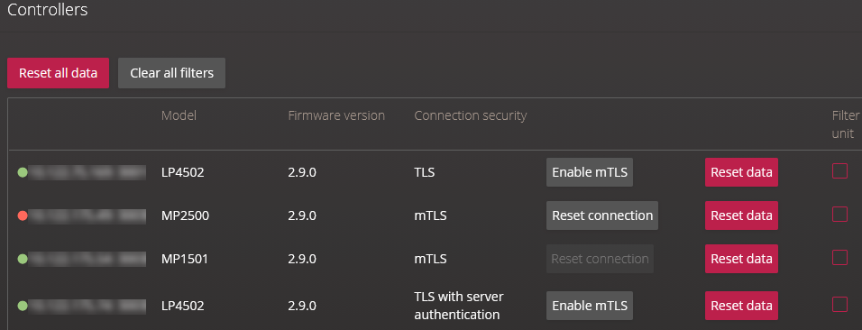 Controllers tab displaying Mercury controllers, current connection security status, and available actions such as Enable mTLS, Reset connection, and Reset data.