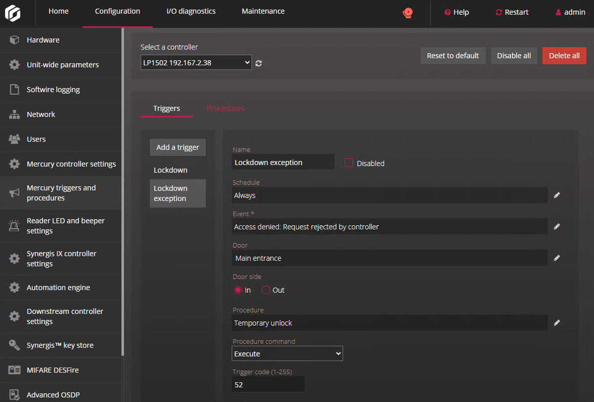 Trigger configured on the Mercury triggers and procedures page in the Synergis Appliance Portal.