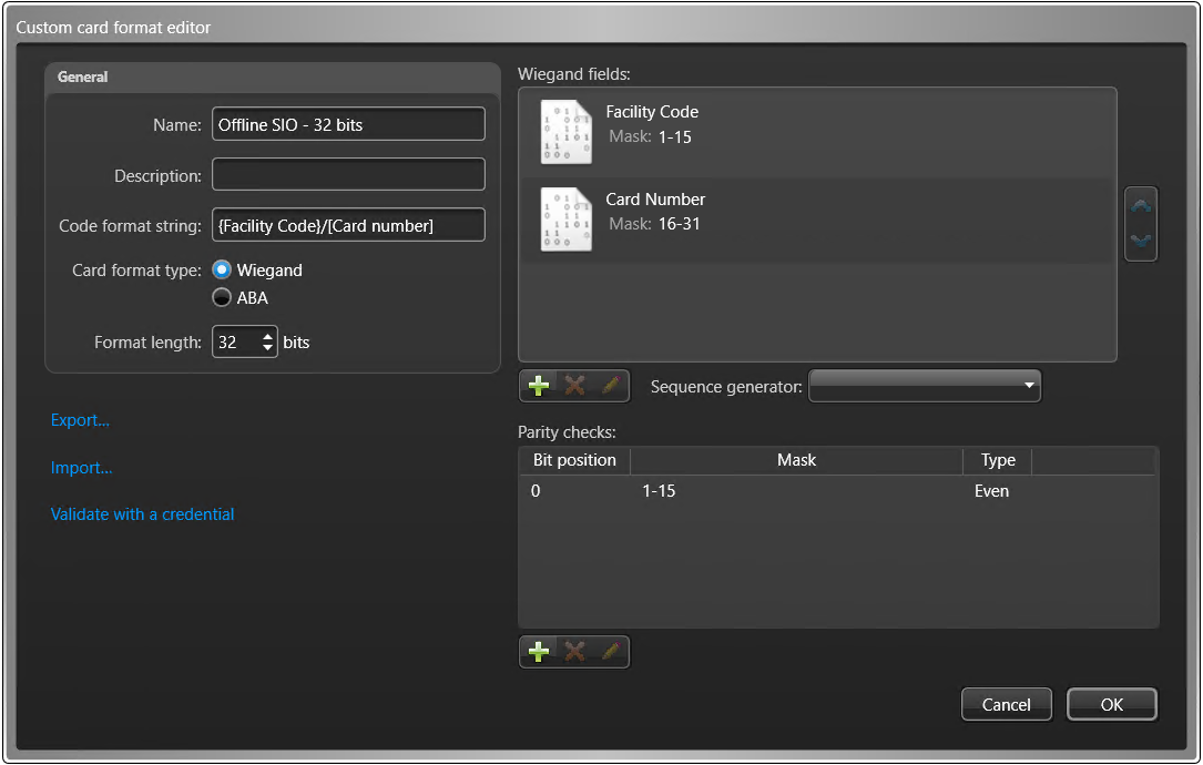 Custom card format editor in Config Tool showing a Wiegand card format with a sequential facility code.