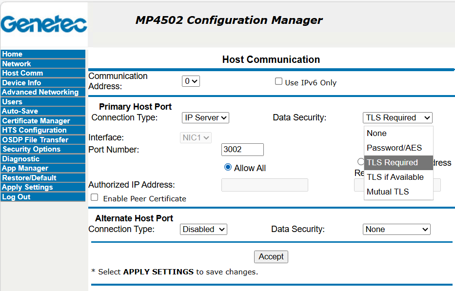Mercury controller web page showing the Host communication settings with the Mutual TLS setting selected.