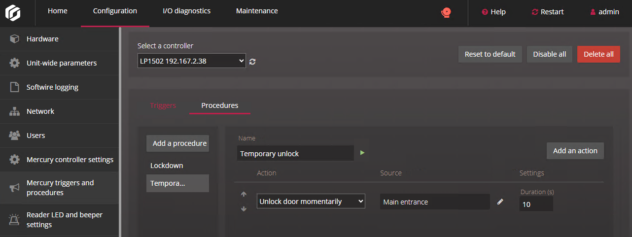 Procedure configured on the Mercury triggers and procedures page in the Synergis Appliance Portal.